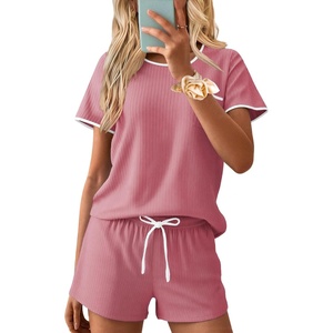 image:imageEkouaer Womens Pajama Set Ribbed Knit Soft Shorts Pjs Summer Sleepwear Two Piece Casual Lounge Sets with Drawstring amp PocketsDark Pink