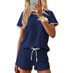 image:imageEkouaer Womens Pajama Set Ribbed Knit Soft Shorts Pjs Summer Sleepwear Two Piece Casual Lounge Sets with Drawstring amp PocketsNavy Blue