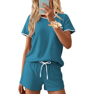 image:imageEkouaer Womens Pajama Set Ribbed Knit Soft Shorts Pjs Summer Sleepwear Two Piece Casual Lounge Sets with Drawstring amp PocketsSlate Teal