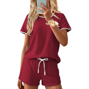 image:imageEkouaer Womens Pajama Set Ribbed Knit Soft Shorts Pjs Summer Sleepwear Two Piece Casual Lounge Sets with Drawstring amp PocketsWine Red
