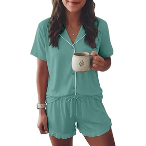 image:imageEkouaer Womens Pajama Sets Button Down Short Sleeve Top and Shorts Cute Ruffled Pjs Sets SleepwearSage Green