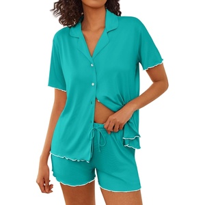 image:imageEkouaer Womens Pajama Sets Button Up Bride Pjs Set 2 Piece Soft Sleepwear Short Sleeve Lounge Sets with Shorts SXXLPeacock Blue