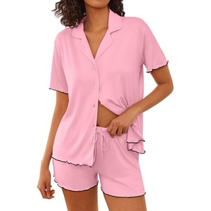 image:imageEkouaer Womens Pajama Sets Button Up Bride Pjs Set 2 Piece Soft Sleepwear Short Sleeve Lounge Sets with Shorts SXXLPink