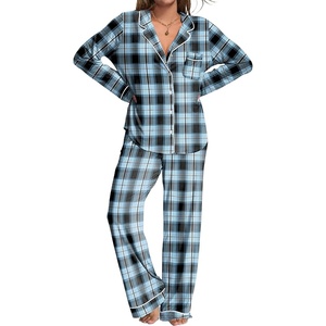 image:imageEkouaer Womens Pajamas Set 2 Piece Button Down Pjs Soft Long Sleeve Top and Pants Sleepwear Set Lounge SetsBblue Plaid