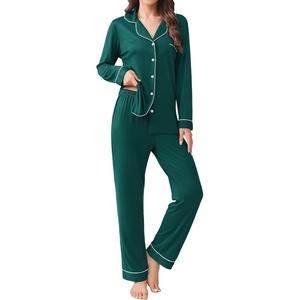 image:imageEkouaer Womens Pajamas Set 2 Piece Button Down Pjs Soft Long Sleeve Top and Pants Sleepwear Set Lounge SetsBlue Green