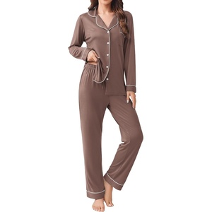 image:imageEkouaer Womens Pajamas Set 2 Piece Button Down Pjs Soft Long Sleeve Top and Pants Sleepwear Set Lounge SetsBrown