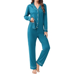 image:imageEkouaer Womens Pajamas Set 2 Piece Button Down Pjs Soft Long Sleeve Top and Pants Sleepwear Set Lounge SetsDeep Lake Blue