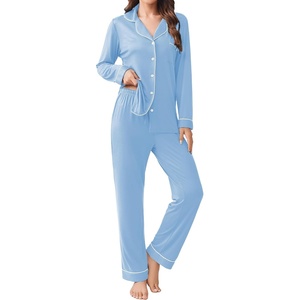 image:imageEkouaer Womens Pajamas Set 2 Piece Button Down Pjs Soft Long Sleeve Top and Pants Sleepwear Set Lounge SetsLight Blue