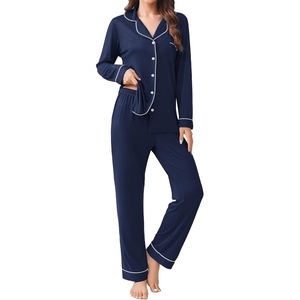 image:imageEkouaer Womens Pajamas Set 2 Piece Button Down Pjs Soft Long Sleeve Top and Pants Sleepwear Set Lounge SetsNavy Blue