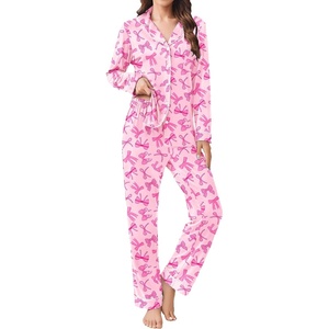 image:imageEkouaer Womens Pajamas Set 2 Piece Button Down Pjs Soft Long Sleeve Top and Pants Sleepwear Set Lounge SetsPink Bow
