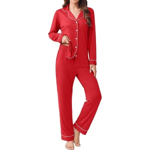image:imageEkouaer Womens Pajamas Set 2 Piece Button Down Pjs Soft Long Sleeve Top and Pants Sleepwear Set Lounge SetsRed