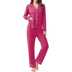 image:imageEkouaer Womens Pajamas Set 2 Piece Button Down Pjs Soft Long Sleeve Top and Pants Sleepwear Set Lounge SetsRose Red