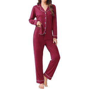 image:imageEkouaer Womens Pajamas Set 2 Piece Button Down Pjs Soft Long Sleeve Top and Pants Sleepwear Set Lounge SetsWine Red
