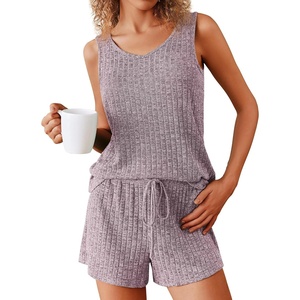 image:imageEkouaer Womens Pajamas Sleeveless V Neck Pjs Set Ribbed Knit Summer Loungewear Sleepwear SXXL