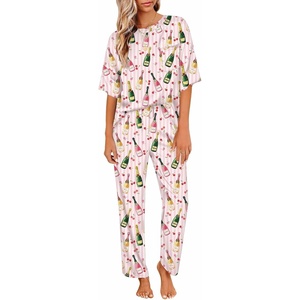 image:imageEkouaer Womens Satin Silky Pajama Set Short Sleeve Shirt with Long Pajama Pant Set Soft PJ LoungewearChampagne Cherry