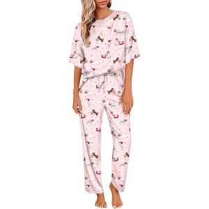 image:imageEkouaer Womens Satin Silky Pajama Set Short Sleeve Shirt with Long Pajama Pant Set Soft PJ LoungewearCute Puppy