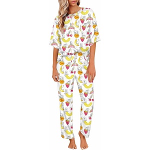 image:imageEkouaer Womens Satin Silky Pajama Set Short Sleeve Shirt with Long Pajama Pant Set Soft PJ LoungewearTropical Fruit