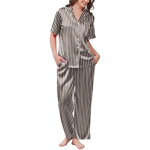 image:imageEkouaer Womens Silk Pajamas for Womens Sets Satin Pjs 2 Piece Button Up Loungewear Short Sleeve Soft Sleepwear with PocketsBlack Stripe