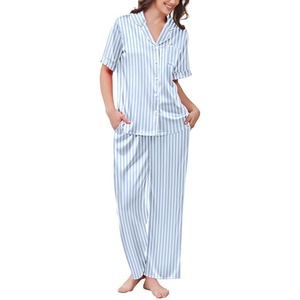 image:imageEkouaer Womens Silk Pajamas for Womens Sets Satin Pjs 2 Piece Button Up Loungewear Short Sleeve Soft Sleepwear with PocketsBlue Stripe