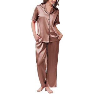 image:imageEkouaer Womens Silk Pajamas for Womens Sets Satin Pjs 2 Piece Button Up Loungewear Short Sleeve Soft Sleepwear with PocketsBrown