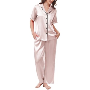 image:imageEkouaer Womens Silk Pajamas for Womens Sets Satin Pjs 2 Piece Button Up Loungewear Short Sleeve Soft Sleepwear with PocketsChampagne