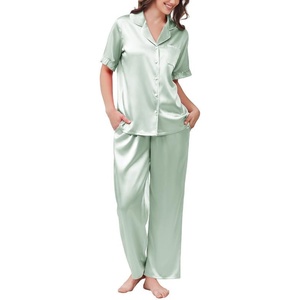 image:imageEkouaer Womens Silk Pajamas for Womens Sets Satin Pjs 2 Piece Button Up Loungewear Short Sleeve Soft Sleepwear with PocketsLight Green