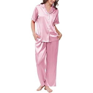 image:imageEkouaer Womens Silk Pajamas for Womens Sets Satin Pjs 2 Piece Button Up Loungewear Short Sleeve Soft Sleepwear with PocketsLight Pink