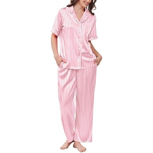 image:imageEkouaer Womens Silk Pajamas for Womens Sets Satin Pjs 2 Piece Button Up Loungewear Short Sleeve Soft Sleepwear with PocketsPink Stripe
