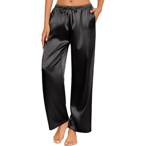 image:imageEkouaer Womens Silk Satin Pajama Pants Casual Loose Lounge Pants Drawstring Elastic Waist Wide Leg Pj Bottoms with PocketsBlack
