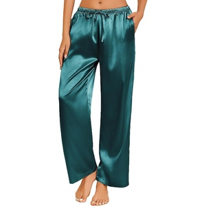 image:imageEkouaer Womens Silk Satin Pajama Pants Casual Loose Lounge Pants Drawstring Elastic Waist Wide Leg Pj Bottoms with PocketsBlue Green