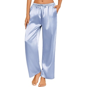 image:imageEkouaer Womens Silk Satin Pajama Pants Casual Loose Lounge Pants Drawstring Elastic Waist Wide Leg Pj Bottoms with PocketsClear Blue