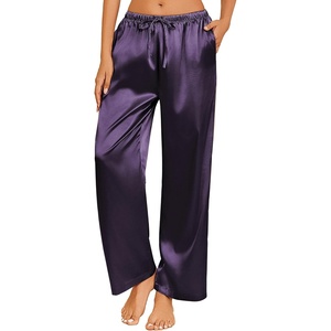 image:imageEkouaer Womens Silk Satin Pajama Pants Casual Loose Lounge Pants Drawstring Elastic Waist Wide Leg Pj Bottoms with PocketsDark Purple