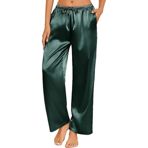 image:imageEkouaer Womens Silk Satin Pajama Pants Casual Loose Lounge Pants Drawstring Elastic Waist Wide Leg Pj Bottoms with PocketsDeep Green