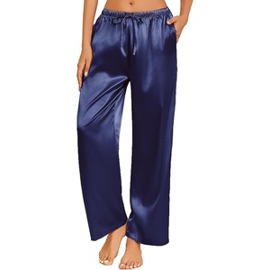 image:imageEkouaer Womens Silk Satin Pajama Pants Casual Loose Lounge Pants Drawstring Elastic Waist Wide Leg Pj Bottoms with PocketsNavy Blue