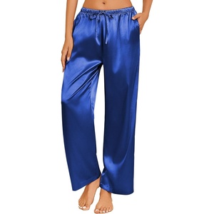 image:imageEkouaer Womens Silk Satin Pajama Pants Casual Loose Lounge Pants Drawstring Elastic Waist Wide Leg Pj Bottoms with PocketsRoyal Blue