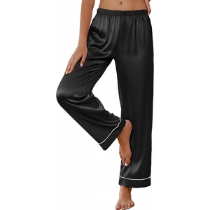 image:imageEkouaer Womens Silk Satin Pajama Pants Soft Loose Lounge Pants Lightweight Elastic Waist Wide Leg Pj Bottoms with PocketsBlack