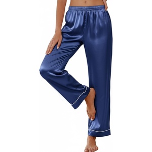 image:imageEkouaer Womens Silk Satin Pajama Pants Soft Loose Lounge Pants Lightweight Elastic Waist Wide Leg Pj Bottoms with PocketsNavy