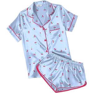 image:imageEkouaer Womens Silk Satin Pajamas Short Sleeve PJS Shorts Set Soft Button Down Sleepwear 2 Piece Loungewear S5XLBlue Cherry Print