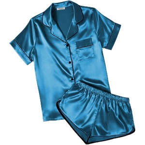 image:imageEkouaer Womens Silk Satin Pajamas Short Sleeve PJS Shorts Set Soft Button Down Sleepwear 2 Piece Loungewear S5XLDark Blue