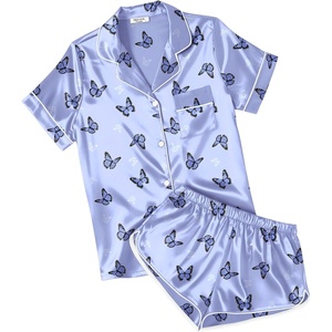 image:imageEkouaer Womens Silk Satin Pajamas Short Sleeve PJS Shorts Set Soft Button Down Sleepwear 2 Piece Loungewear S5XLLight Blue Butterfly