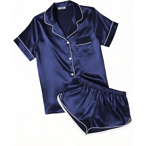 image:imageEkouaer Womens Silk Satin Pajamas Short Sleeve PJS Shorts Set Soft Button Down Sleepwear 2 Piece Loungewear S5XLNavy Blue
