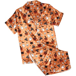 image:imageEkouaer Womens Silk Satin Pajamas Short Sleeve PJS Shorts Set Soft Button Down Sleepwear 2 Piece Loungewear S5XLOrange Halloween Print