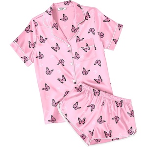 image:imageEkouaer Womens Silk Satin Pajamas Short Sleeve PJS Shorts Set Soft Button Down Sleepwear 2 Piece Loungewear S5XLPink Butterfly