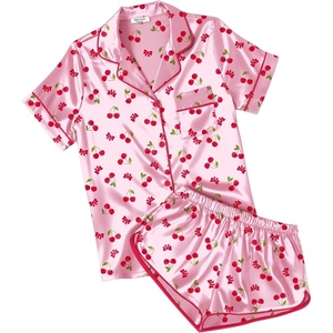 image:imageEkouaer Womens Silk Satin Pajamas Short Sleeve PJS Shorts Set Soft Button Down Sleepwear 2 Piece Loungewear S5XLPink Cherry Print