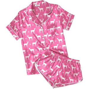 image:imageEkouaer Womens Silk Satin Pajamas Short Sleeve PJS Shorts Set Soft Button Down Sleepwear 2 Piece Loungewear S5XLPink Deer