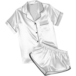 image:imageEkouaer Womens Silk Satin Pajamas Short Sleeve PJS Shorts Set Soft Button Down Sleepwear 2 Piece Loungewear S5XLWhite