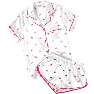 image:imageEkouaer Womens Silk Satin Pajamas Short Sleeve PJS Shorts Set Soft Button Down Sleepwear 2 Piece Loungewear S5XLWhite Cherry Print