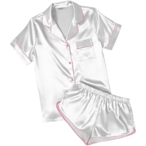 image:imageEkouaer Womens Silk Satin Pajamas Short Sleeve PJS Shorts Set Soft Button Down Sleepwear 2 Piece Loungewear S5XLWhite With Pink Piping