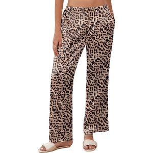 image:imageEkouaer Womens Silk Satin Wide Leg Pajama Sleep Pants Casual Loose Soft Lounge Pants Elastic Waist Pj Bottoms with PocketsLeopard Brown