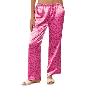image:imageEkouaer Womens Silk Satin Wide Leg Pajama Sleep Pants Casual Loose Soft Lounge Pants Elastic Waist Pj Bottoms with PocketsLeopard Hot Pink